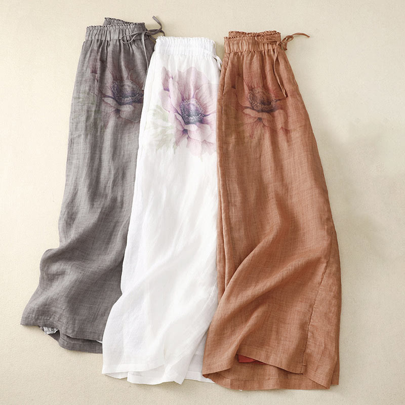 Pantaloni a gamba larga con coulisse in cotone e lino con stampa floreale Buddha Stones tasche a vita alta - image 1