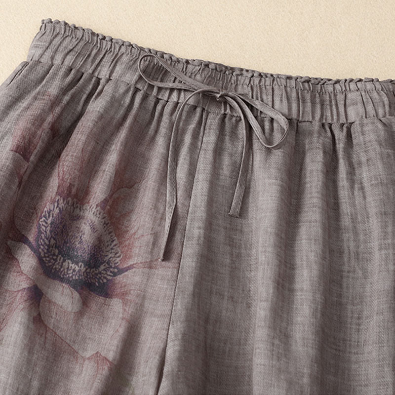 Pantaloni a gamba larga con coulisse in cotone e lino con stampa floreale Buddha Stones tasche a vita alta - image 8