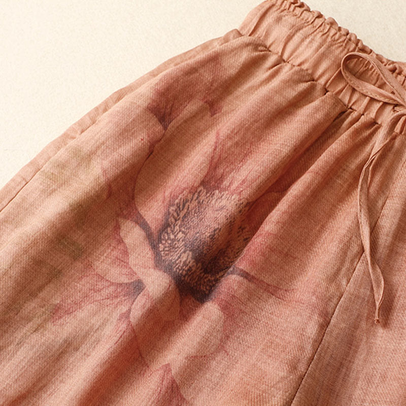 Pantaloni a gamba larga con coulisse in cotone e lino con stampa floreale Buddha Stones tasche a vita alta - image 14