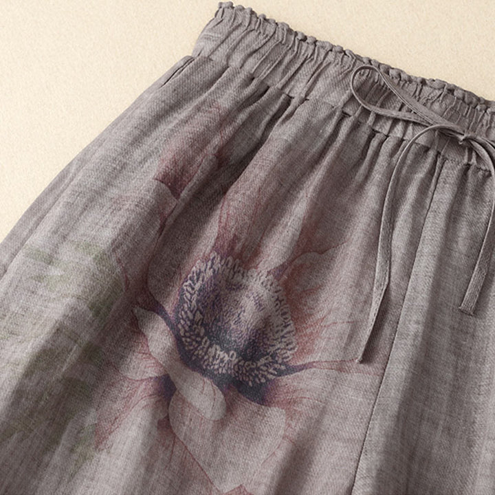 Pantaloni a gamba larga con coulisse in cotone e lino con stampa floreale Buddha Stones tasche a vita alta - image 7