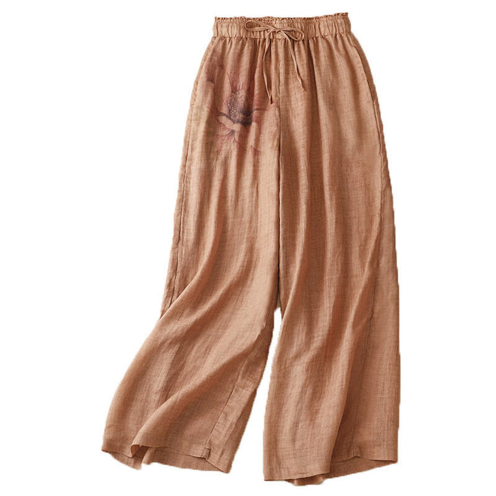Pantaloni a gamba larga con coulisse in cotone e lino con stampa floreale Buddha Stones tasche a vita alta - image 21