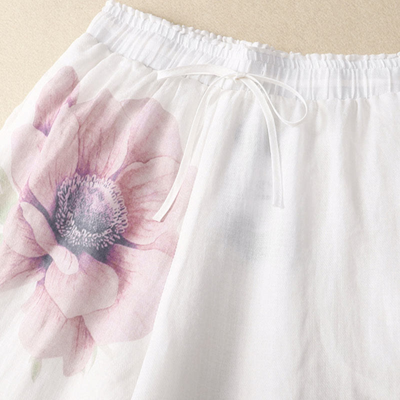 Pantaloni a gamba larga con coulisse in cotone e lino con stampa floreale Buddha Stones tasche a vita alta - image 3