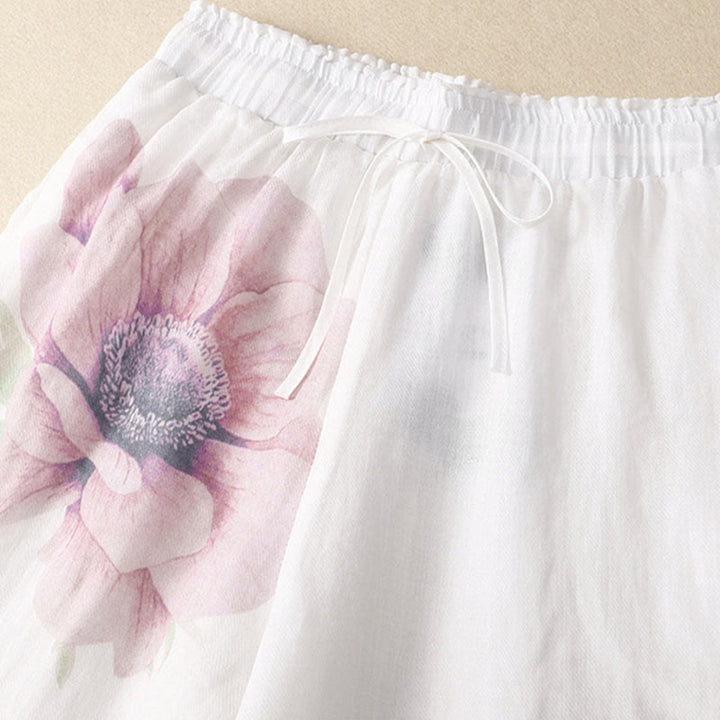 Pantaloni a gamba larga con coulisse in cotone e lino con stampa floreale Buddha Stones tasche a vita alta - image 3