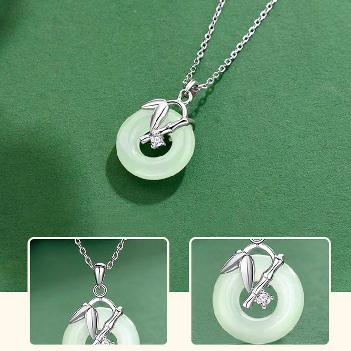 Collana con ciondolo Buddha Stones in argento sterling 925, giada Hetian, foglia di bambù, fibbia della pace e prosperità