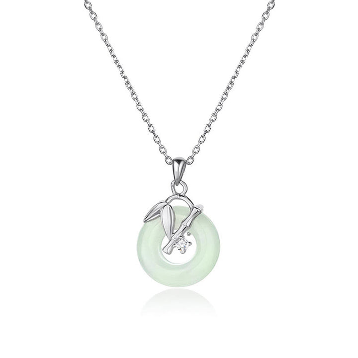 Collana con ciondolo Buddha Stones in argento sterling 925, giada Hetian, foglia di bambù, fibbia della pace e prosperità