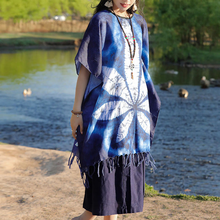Buddha Stones Blu Batik Scialle Nappe Foglia d'acero Comodo Pullover da viaggio 95*90cm