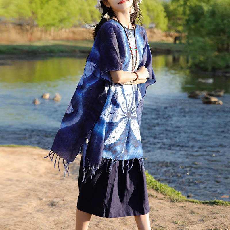 Buddha Stones Blu Batik Scialle Nappe Foglia d'acero Comodo Pullover da viaggio 95*90cm