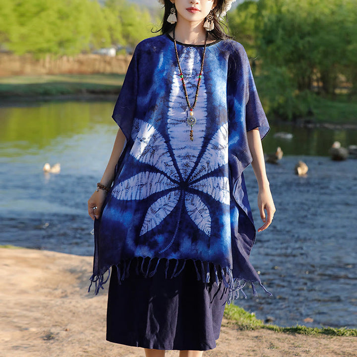 Buddha Stones Blu Batik Scialle Nappe Foglia d'acero Comodo Pullover da viaggio 95*90cm