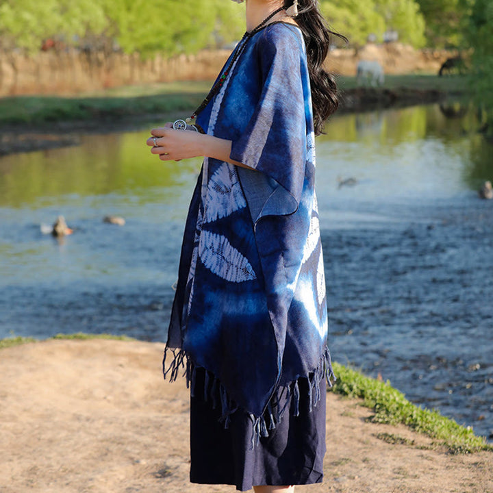 Buddha Stones Blu Batik Scialle Nappe Foglia d'acero Comodo Pullover da viaggio 95*90cm