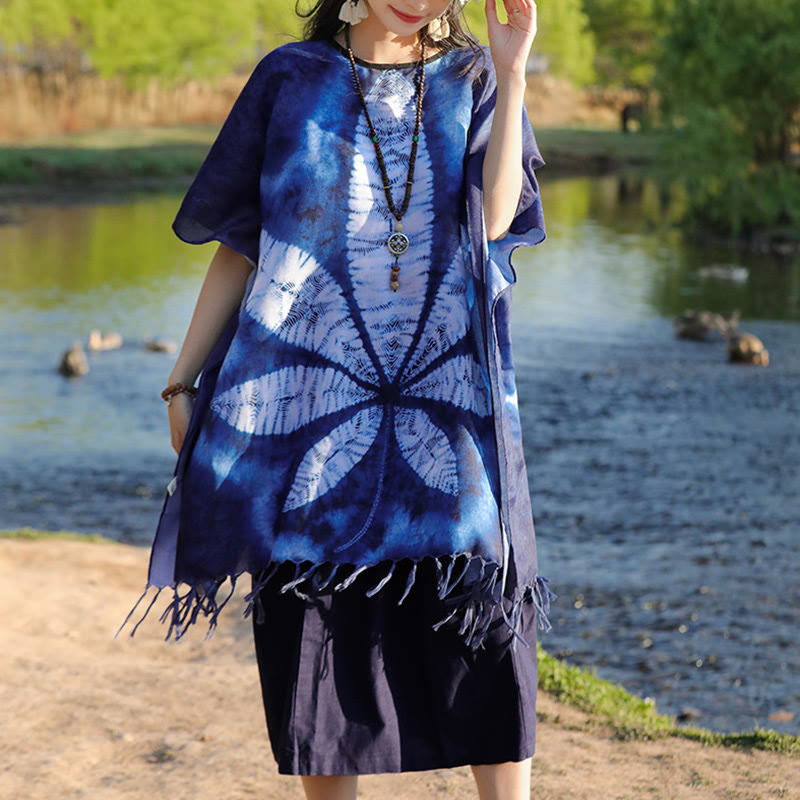 Buddha Stones Blu Batik Scialle Nappe Foglia d'acero Comodo Pullover da viaggio 95*90cm