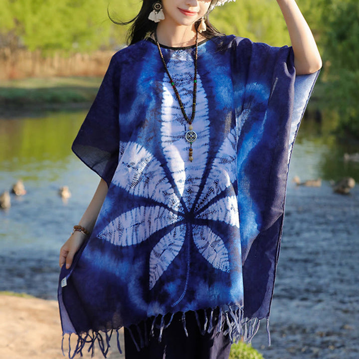 Buddha Stones Blu Batik Scialle Nappe Foglia d'acero Comodo Pullover da viaggio 95*90cm