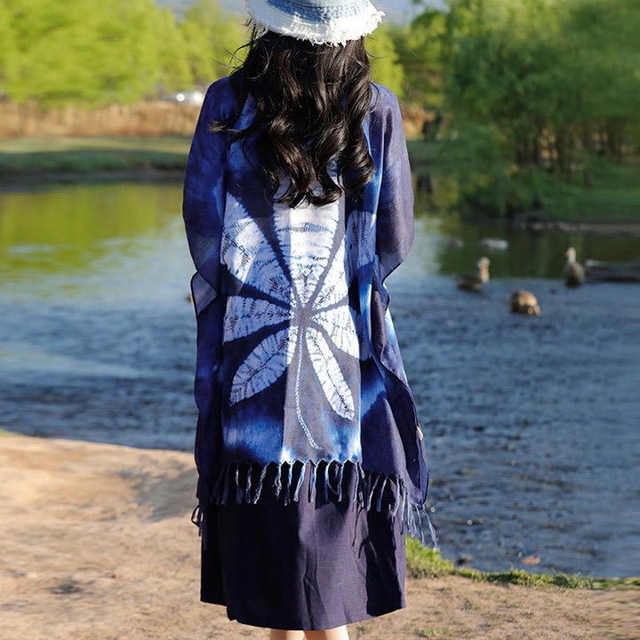 Buddha Stones Blu Batik Scialle Nappe Foglia d'acero Comodo Pullover da viaggio 95*90cm