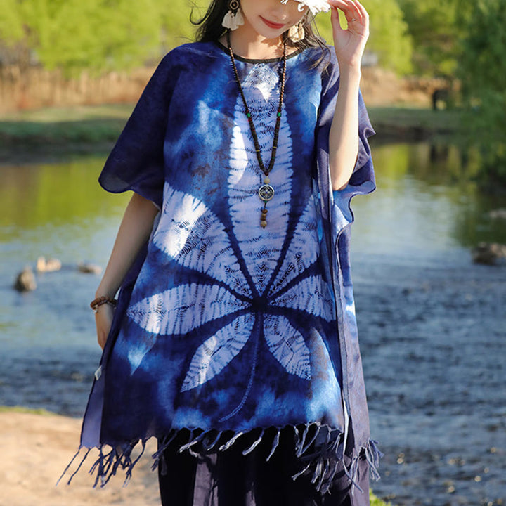 Buddha Stones Blu Batik Scialle Nappe Foglia d'acero Comodo Pullover da viaggio 95*90cm