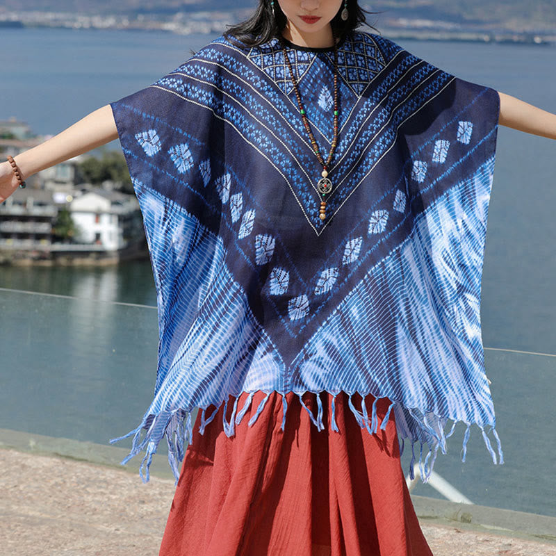 Scialle batik a strisce triangolari blu Buddha Stones , morbido pullover 90*95cm