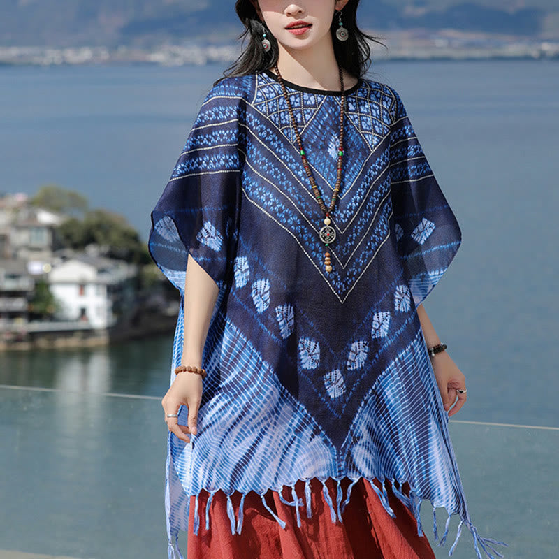 Scialle batik a strisce triangolari blu Buddha Stones , morbido pullover 90*95cm