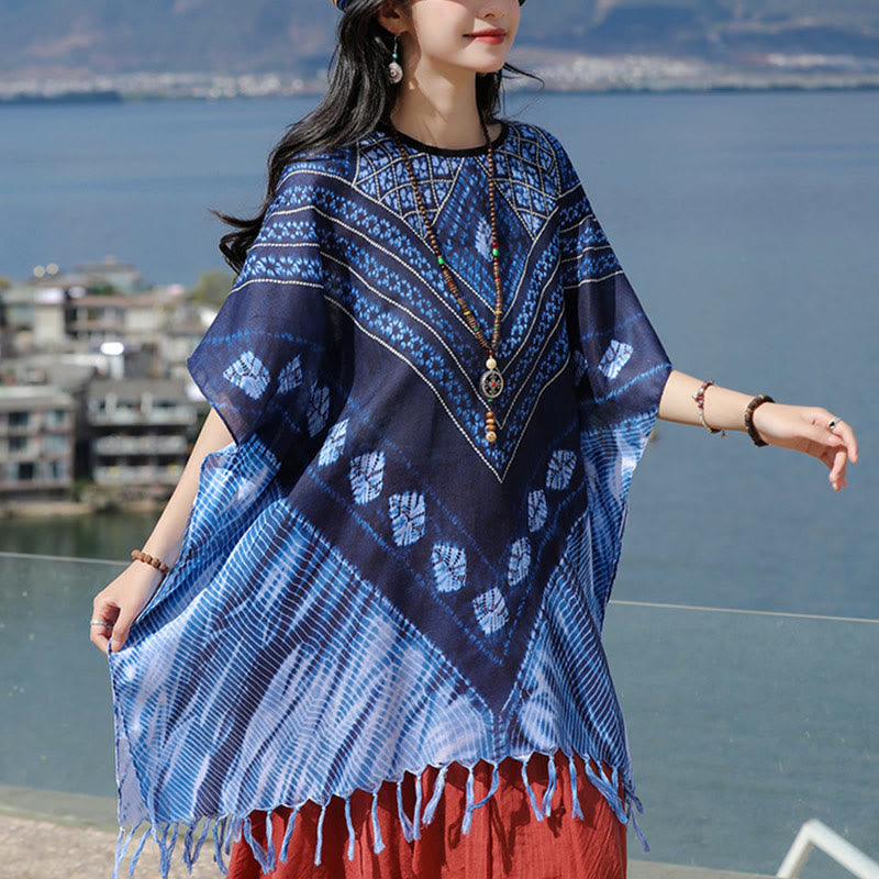 Scialle batik a strisce triangolari blu Buddha Stones , morbido pullover 90*95cm