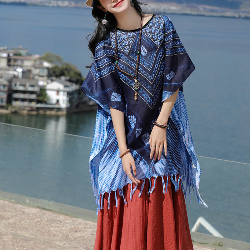 Scialle batik a strisce triangolari blu Buddha Stones , morbido pullover 90*95cm - image 6