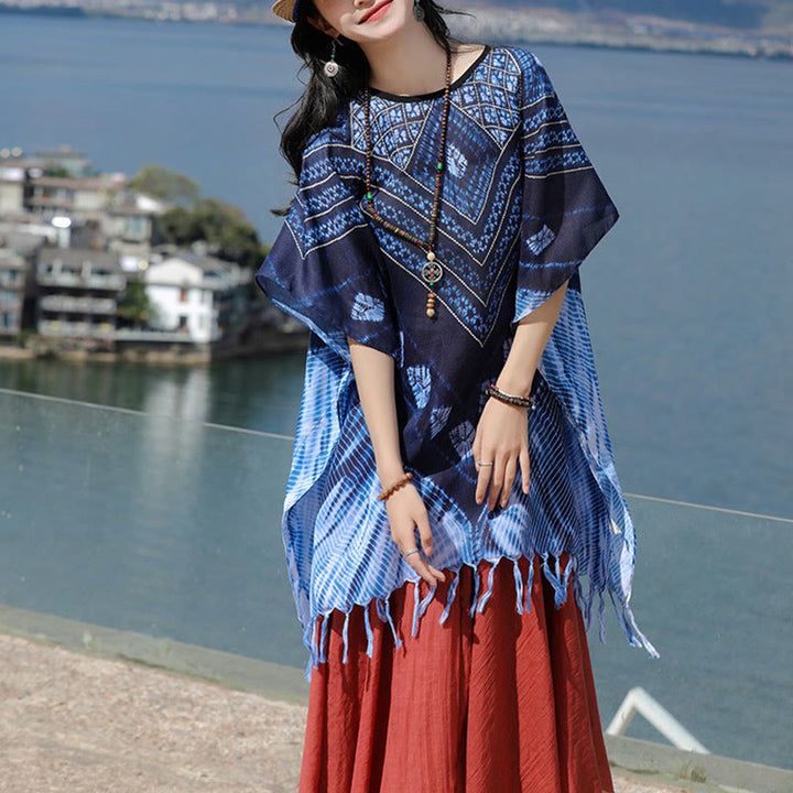 Scialle batik a strisce triangolari blu Buddha Stones , morbido pullover 90*95cm - image 6