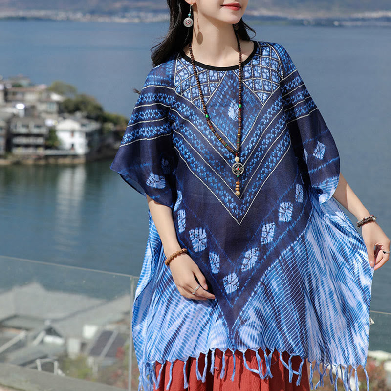 Scialle batik a strisce triangolari blu Buddha Stones , morbido pullover 90*95cm