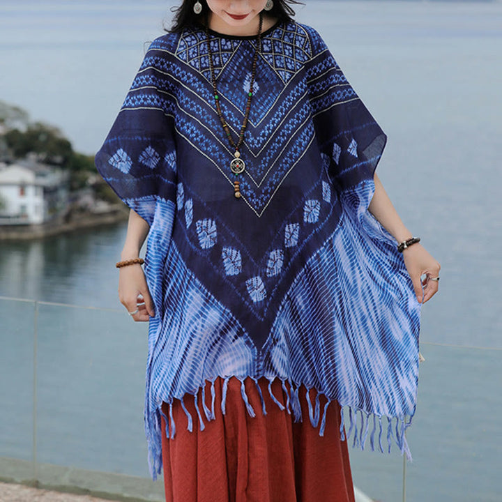 Scialle batik a strisce triangolari blu Buddha Stones , morbido pullover 90*95cm