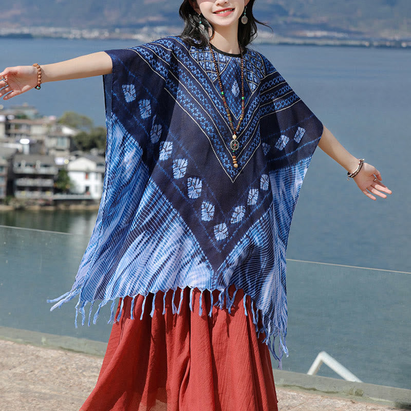 Scialle batik a strisce triangolari blu Buddha Stones , morbido pullover 90*95cm