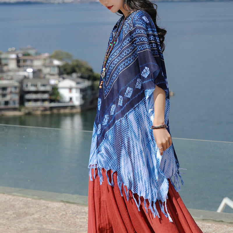 Scialle batik a strisce triangolari blu Buddha Stones , morbido pullover 90*95cm