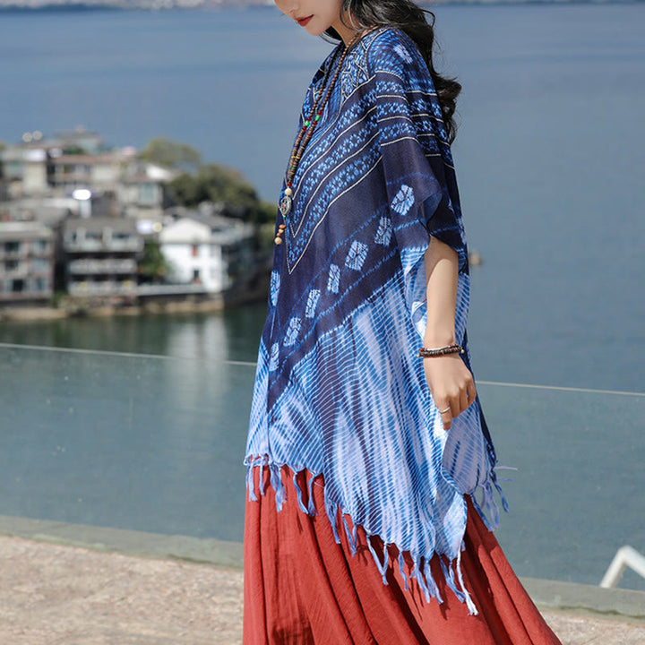 Scialle batik a strisce triangolari blu Buddha Stones , morbido pullover 90*95cm