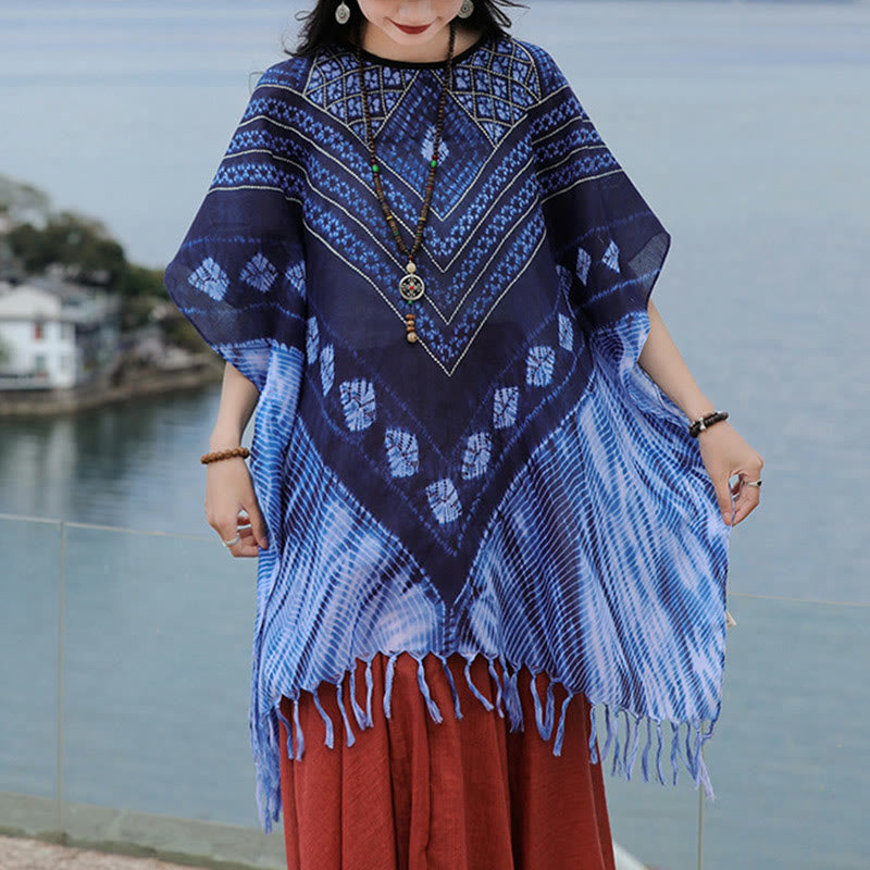 Scialle batik a strisce triangolari blu Buddha Stones , morbido pullover 90*95cm - Blu 90*95cm - image 0
