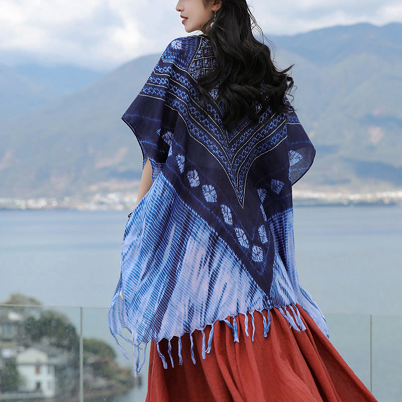 Scialle batik a strisce triangolari blu Buddha Stones , morbido pullover 90*95cm