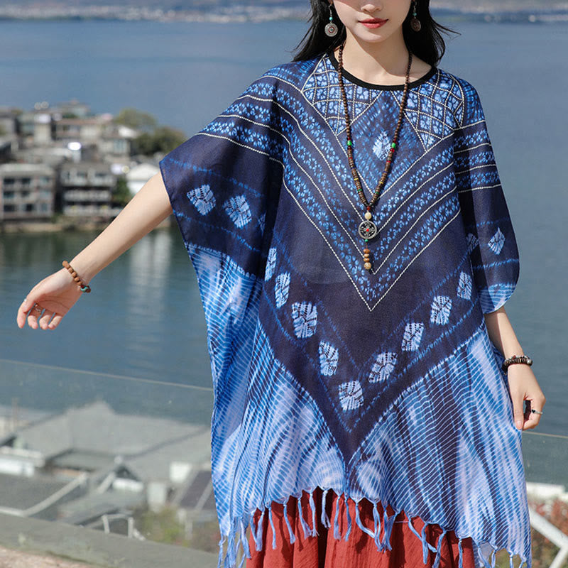 Scialle batik a strisce triangolari blu Buddha Stones , morbido pullover 90*95cm