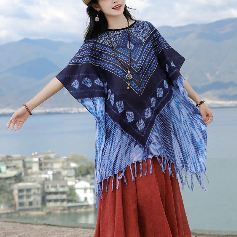 Scialle batik a strisce triangolari blu Buddha Stones , morbido pullover 90*95cm