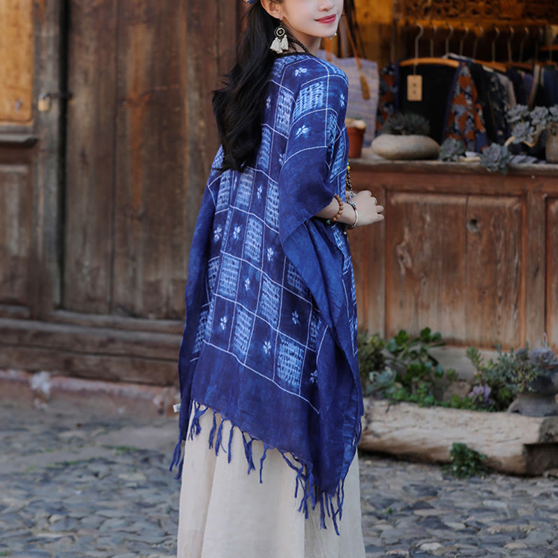 Buddha Stones Blu Color Block Plaid Scialle Nappe Morbido Pullover 90*95cm