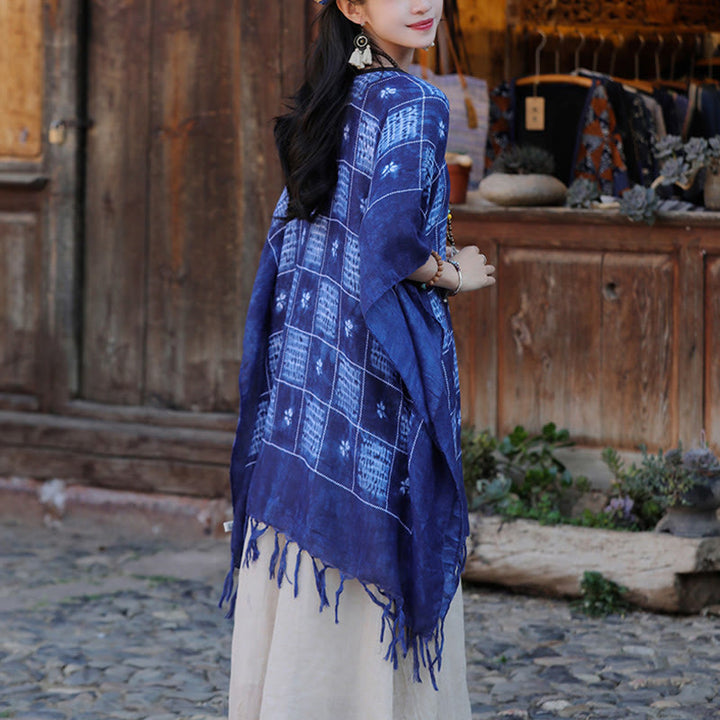 Buddha Stones Blu Color Block Plaid Scialle Nappe Morbido Pullover 90*95cm