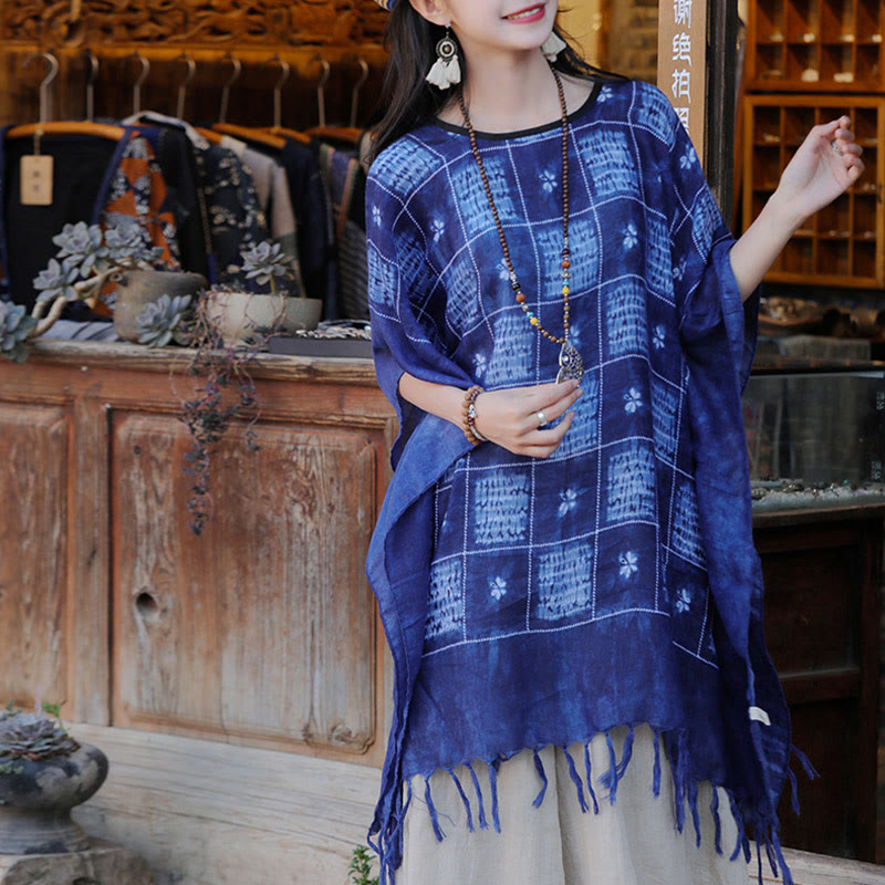 Buddha Stones Blu Color Block Plaid Scialle Nappe Morbido Pullover 90*95cm