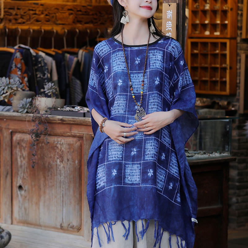 Buddha Stones Blu Color Block Plaid Scialle Nappe Morbido Pullover 90*95cm
