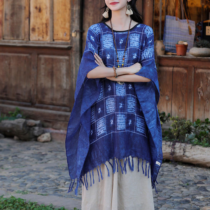 Buddha Stones Blu Color Block Plaid Scialle Nappe Morbido Pullover 90*95cm