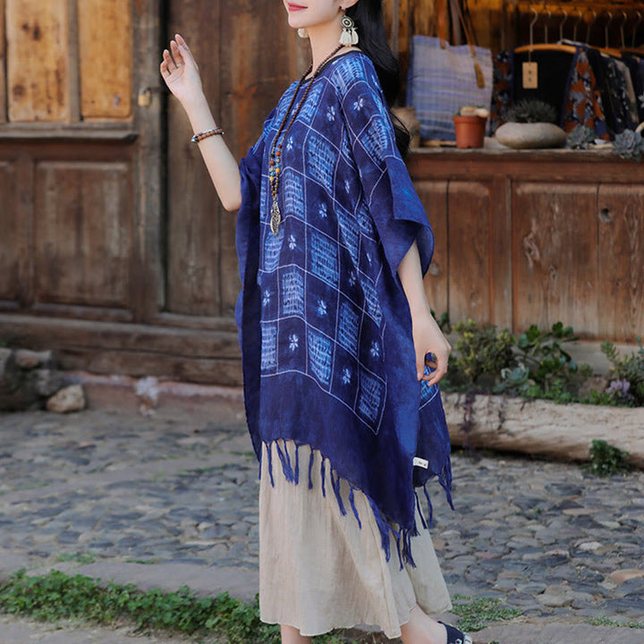 Buddha Stones Blu Color Block Plaid Scialle Nappe Morbido Pullover 90*95cm