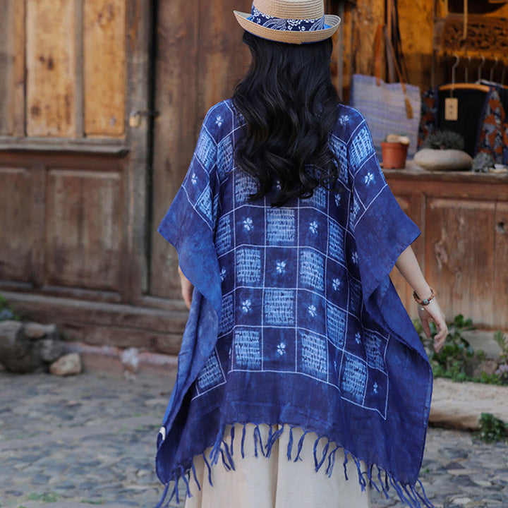 Buddha Stones Blu Color Block Plaid Scialle Nappe Morbido Pullover 90*95cm