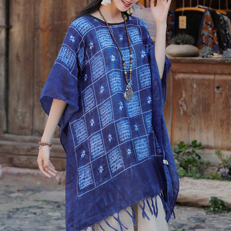 Buddha Stones Blu Color Block Plaid Scialle Nappe Morbido Pullover 90*95cm