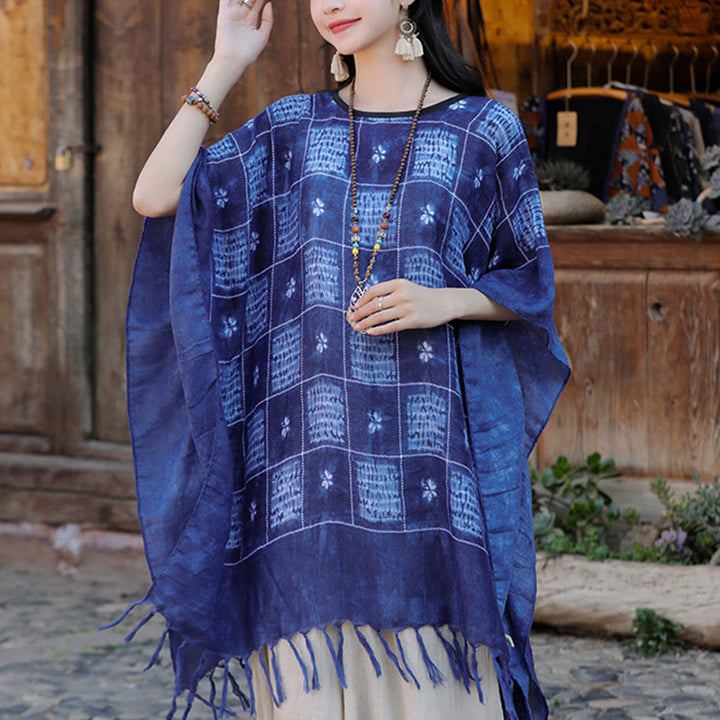 Buddha Stones Blu Color Block Plaid Scialle Nappe Morbido Pullover 90*95cm