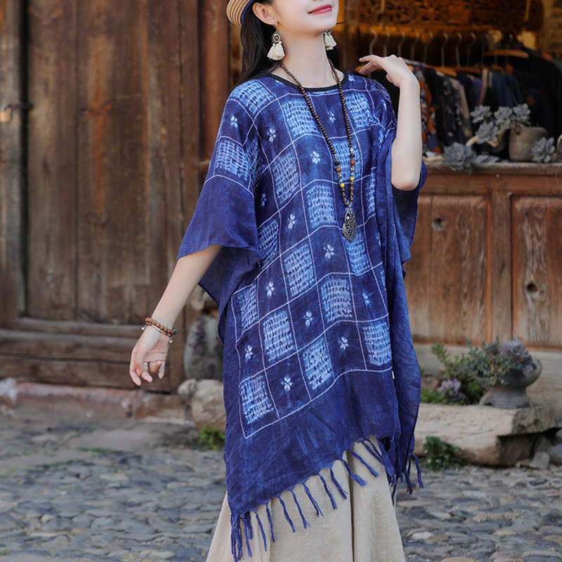 Buddha Stones Blu Color Block Plaid Scialle Nappe Morbido Pullover 90*95cm