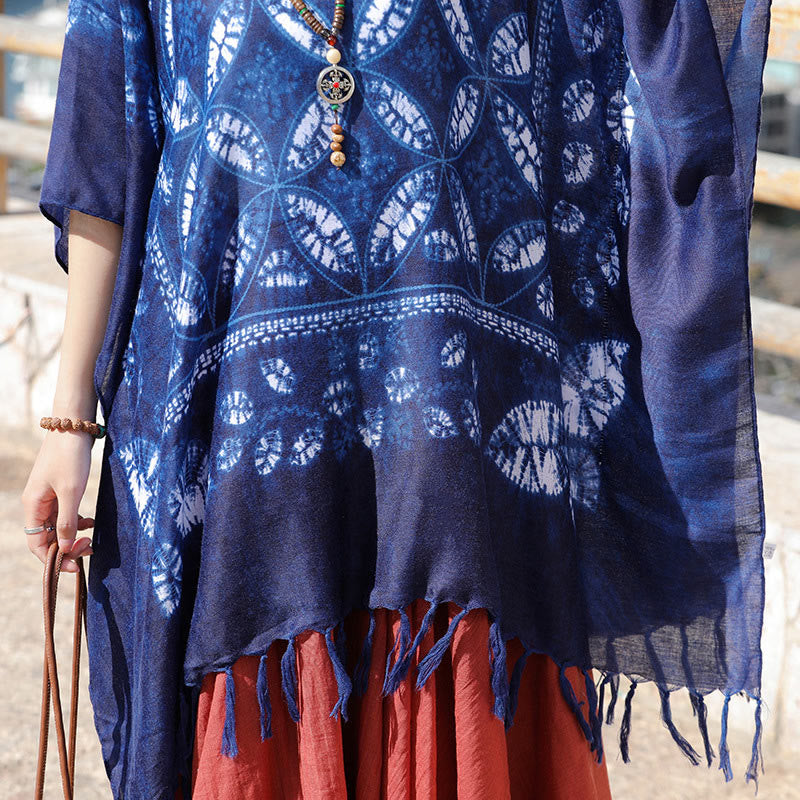 Buddha Stones Blue Flower Indigo Dyeing Scialle Nappe Pullover accogliente 90*95cm