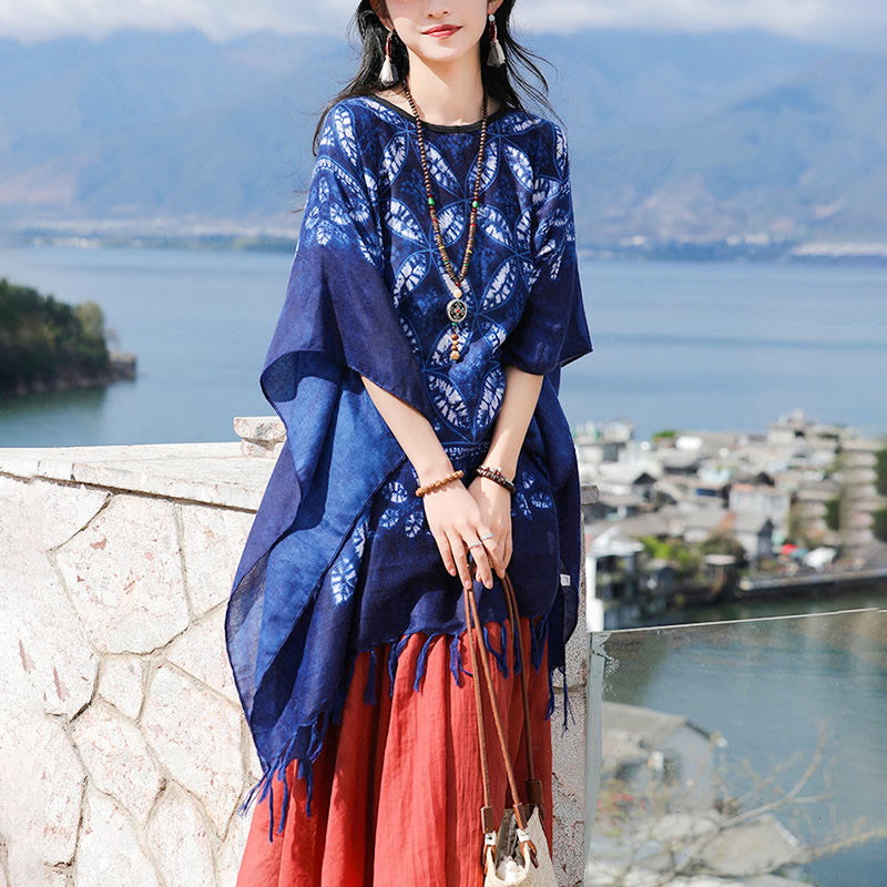Buddha Stones Blue Flower Indigo Dyeing Scialle Nappe Pullover accogliente 90*95cm