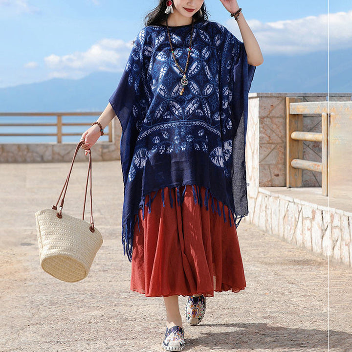 Buddha Stones Blue Flower Indigo Dyeing Scialle Nappe Pullover accogliente 90*95cm