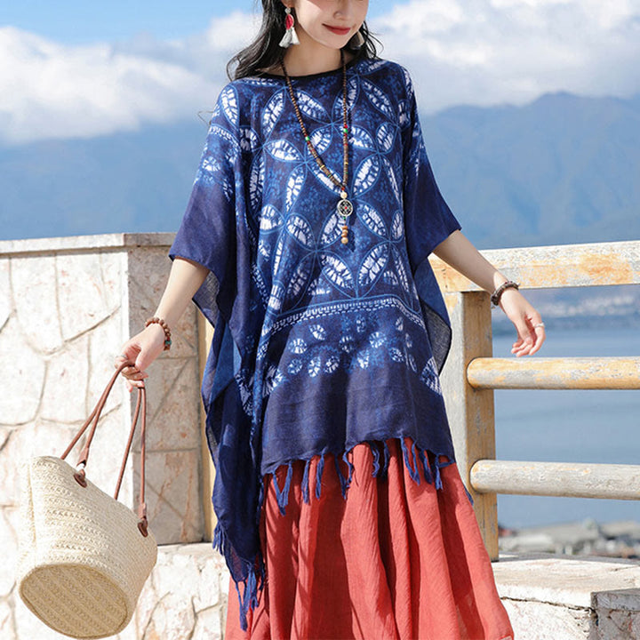 Buddha Stones Blue Flower Indigo Dyeing Scialle Nappe Pullover accogliente 90*95cm