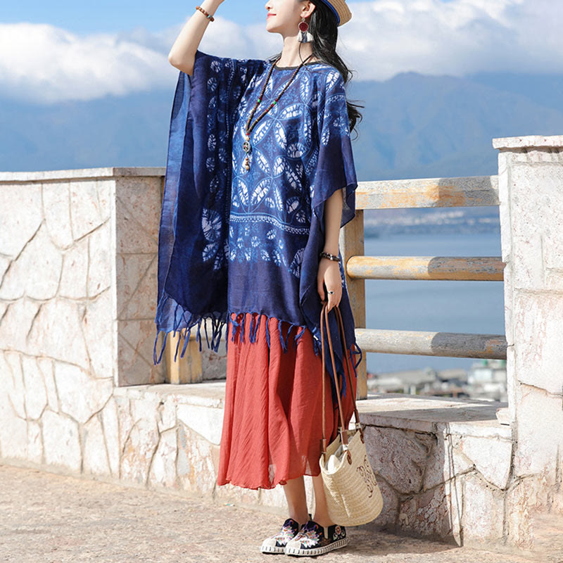 Buddha Stones Blue Flower Indigo Dyeing Scialle Nappe Pullover accogliente 90*95cm