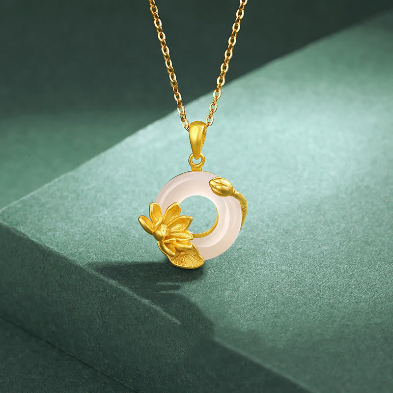 Collana in argento sterling S925 con ciondolo a forma di loto con fibbia della pace in calcedonio bianco naturale Buddha Stones