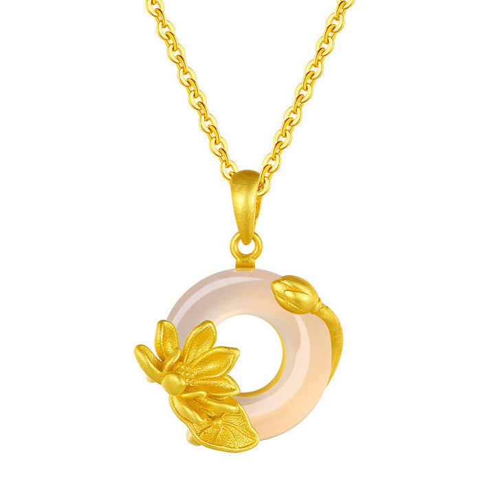 Collana in argento sterling S925 con ciondolo a forma di loto con fibbia della pace in calcedonio bianco naturale Buddha Stones - image 3