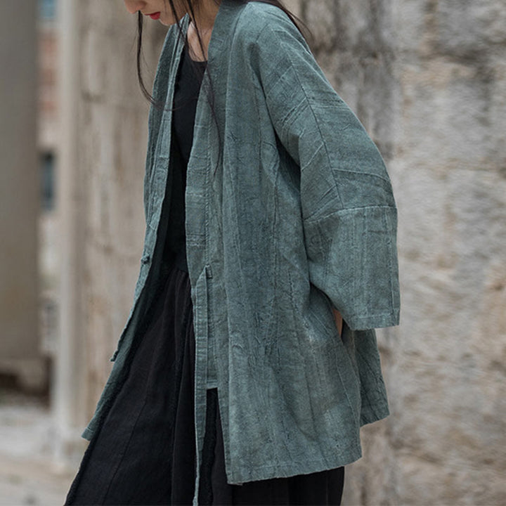 Cappotto con lacci e tie-dye con Buddha Stones , meditazione zen, giacca aperta sul davanti