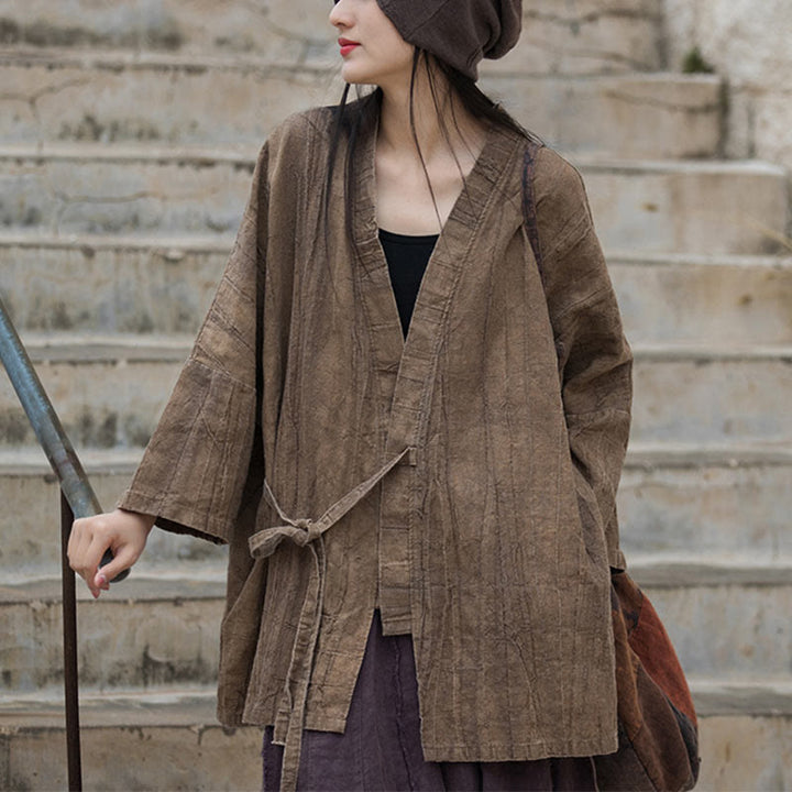 Cappotto con lacci e tie-dye con Buddha Stones , meditazione zen, giacca aperta sul davanti - Marrone - US4-14, UK/AU8-18, EU36-46 (F) - (Solo parte superiore) - image 0
